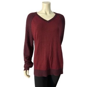 Merona - Unisex Maroon Striped V-neck Cotton Blend Long Sleeve Sweater  Size: L